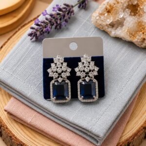 Royal Sapphire Blue Emerald-Cut & AD Stone Halo Drop Earrings