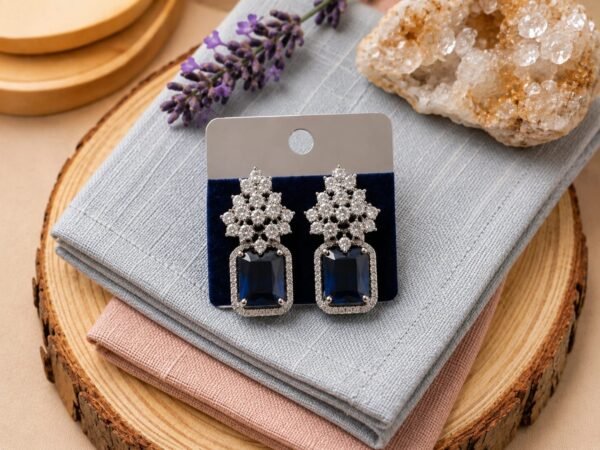 Royal Sapphire Blue Emerald-Cut & AD Stone Halo Drop Earrings