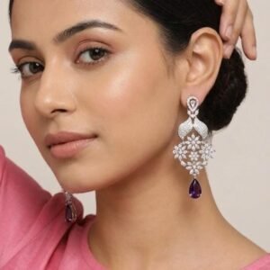 Royal Purple Teardrop & White AD Stone Chandelier Earrings