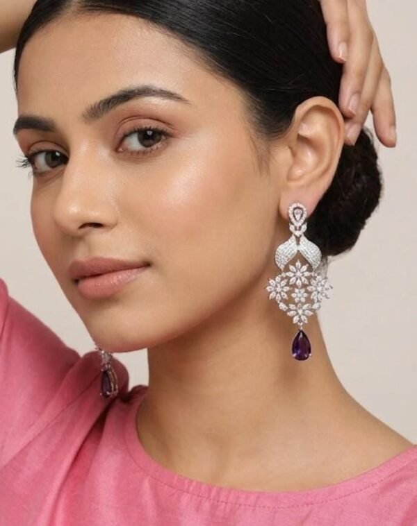 Royal Purple Teardrop & White AD Stone Chandelier Earrings