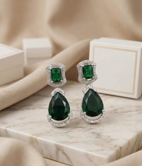 Emerald Green American Diamond  Teardrop Earrings