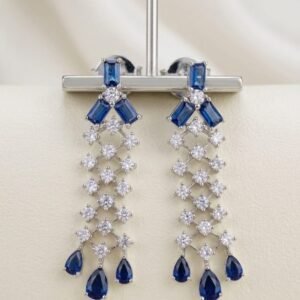 Blue Sapphire Style American Diamond Long Drop Earrings