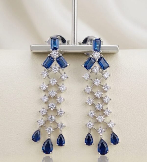 Blue Sapphire Style American Diamond  Long Drop Earrings