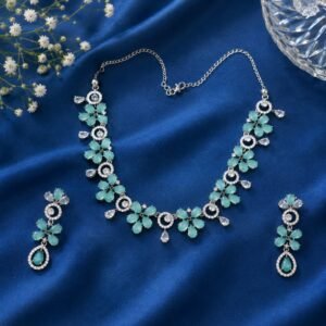 Elegant Aqua Green Floral American Diamond Necklace Set